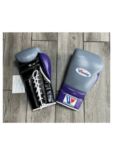 Winning Custom Lace-Up Boxing Gloves – Grey, Purple & Black | Premium Japan-Made Sparring Gloves